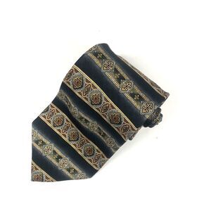 Roundtree & Yorke 100% Silk Tie Black Gold Brown Geometric Pattern Handmade Neck
